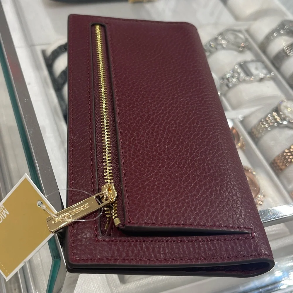 Michael Kors Reed Lg Bifold Pebbled Leather Snap Wallet Card Case Oxblood NWT